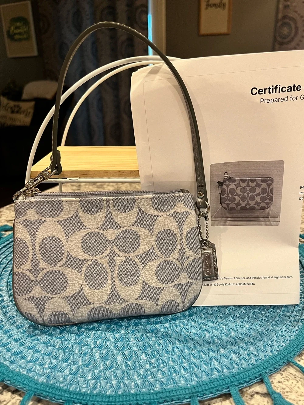 Coach Signature Canvas Wristlet in Light Gray and Cream. NWOT with COA